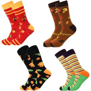 DINESIL 4 Pairs Thanksgiving Socks Autumn Fall Socks Turkey Socks Novelty Maple Leaf Striped Socks, Thanksgiving Holiday Socks for Women Men Boy Girl Costume