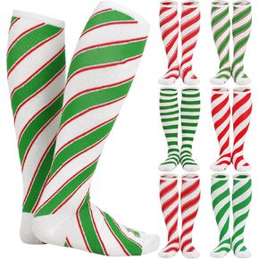 Suhine 6 Pairs Christmas Striped Socks Classic Christmas Knee High Elf Socks for Xmas Women Men Cosplay Party