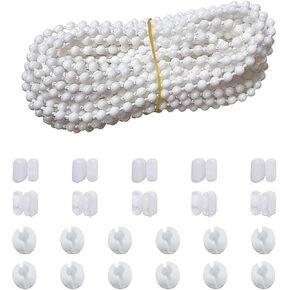 KarDoL Blind Beaded Chain Cord for Window Roller Shade Blinds and Roman Shade, 10 Meter(10.94 Yards) White Plastic Ball Bead Chain with 10pcs Connectors, Curtain Beaded Chain Cord Repairer Kit