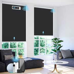 Motorized Roller Blinds with Remote Control【Solar Panel Included】 100% Blackout Smart Blinds Automatic Blinds for Windows Cordless Electric Shades Compatible with Alexa Black,34" W*72" H