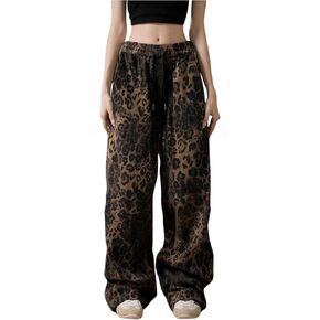 Verdusa Women's Leopard Print Drawstring Waist Sweatpants Straight Leg Loose Jogger Pants