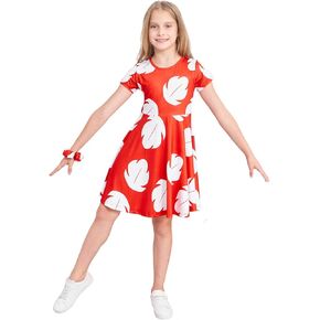Girls Red Princess Leaf Lilo Dress Short Sleeve Hawaiian Costume for Girls Birthday Outfit Halloween Party Wear