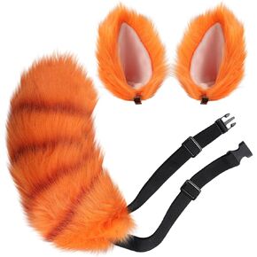 Roicaholy Red Panda Ears and Tail Set, Red Panda Costume Cosplay Accessory, Fluffy Faux Fur Tail Animal Ears Hair Clip for Halloween Party