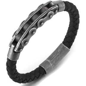 COOLSTEELANDBEYOND Mens Steel Vintage Old Metal Motorcycle Bike Chain Mechanic, Black Braided Leather Bangle Bracelet