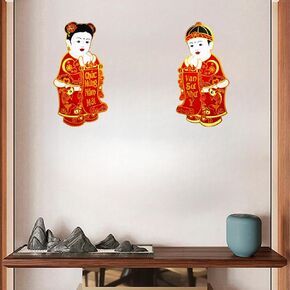 1 Pairs Vietnamese New Year Door Stickers, 2025 Spring Festival Wealth Boy Girl Window Clings, Asian Snake Decals for Home Door Wall Window Vitenamese Lunar New Year Decorations Tết Việt NAM