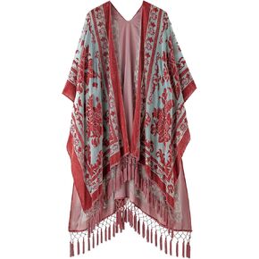 WeHello Women's Burnout Velvet Kimono Long Cardigan Cover Up with Tassel Rusty