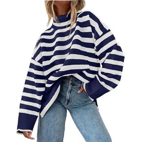 Fall Sweaters for Women Pullover Long Sleeve Turtleneck Striped Knit Tops Loose Casaul