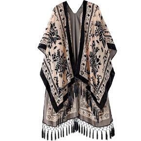 WeHello Women's Burnout Velvet Kimono Long Cardigan Cover Up with Tassel Black