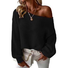 Mokayee Womens Long Sleeve Fall Sexy Casual Off The Shoulder Loose Fit Batwing Asymmetrical Pullover Sweater