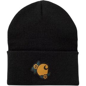 Carhartt AH6305 Womens Cuffed Knit 'Floral Patch' Beanie Hat, Navy Blue - One Size US