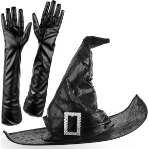 Srnede Witch Hat Witches Hats Women Adult Wizard Men Black Costume Cosplay Party Girl Wide Brim Pointed Hat Accessory (Witch Hat with Gloves)