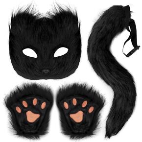 Jaciya Faux Furry Mask and Tail Set Halloween Costume Set for Women Girls