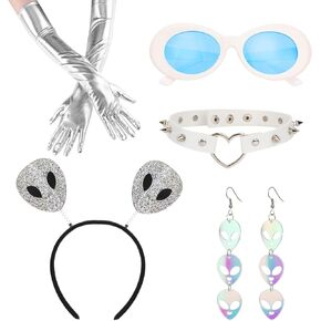 XEPST Alien Costume Accessories Set - Alien Antenna Headband Alien Earrings Necklace and Gloves for Women - Perfect for Halloween Carnival Alien Parties Cosplay Dress Up Accessories, White