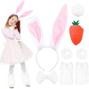 Christmas Bunny Costume for Kids, White Bunny Costume Ears Headband, Bowtie, Bunny Stockings, Bunny Tail, Carrot Bag and Plush Hair Ring for Cosplay Accessories Christmas Party Supplies