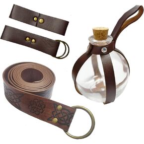 Tahonuss 5pcs Medieval Dress Up Kit Renaissance Knight Costume Decor Accessories Set Including Medieval Viking Belt Leather Belt Skirt Hikes Mug Strap Cork Potion Bottle (Black, Cool2)