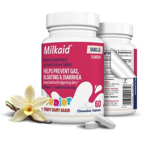 أقراص ميلكايد جونيور لاكتاز إنزيم القابلة للمضغ لعلاج عدم تحمل اللاكتوز | يمنع الغازات والانتفاخ والإسهال عند الأطفال| مكمل هضمي سريع المفعول للألبان للأطفال| 60 قيراط (60 قرص، عنب) in Kuwait