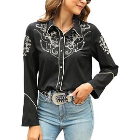 Western Shirts for Women Cowgirl Sexy Dressy Long Sleeve Black Embroidered Button Up Ladies Blusas Vaqueras para Mujer