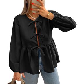 Tankaneo Womens Tie Front Tops Blouses Long Puff Sleeve Peplum Babydoll Bow Shirt Summer Coquette Tops