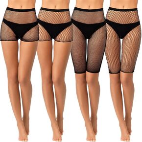 Geyoga 4 Pcs Fishnet Shorts Fishnet Biker Short High Waisted See Through Elastic Mesh Shorts for Women, 4 Styles