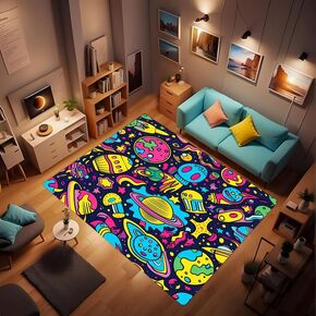 Colorful Graffiti Cartoon Style Dark Background Bright Cheerful Exaggerated Bold Color Rich Vitality Playful Planet Spaceship Space Elements Children's Carpet, Living Room Dining Room 24x36inch