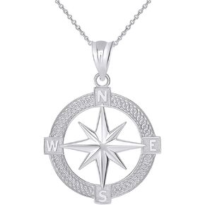 Nautical Jewelry Sterling Silver Round North Star Compass Adventures Pendant Necklace
