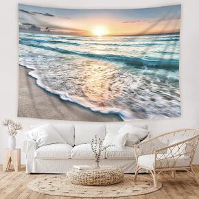 Riyidecor Beach Sunrise Wave Tropical Coastal Ocean Scene Beachy Tapestry Wall Hanging 51Hx59W Inch Sunset Hawaiian Wall Decor Summer Sea Seaside Seashore Skyline for Bedroom Dorm Living Room BB-JWXP