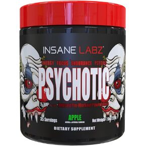 Insane Labz Psychotic, High Stimulant Pre Workout Powder, Extreme Lasting Energy, Focus and Endurance with Beta Alanine, Creatine Monohydrate DMAE, 35 Srvgs (Apple)