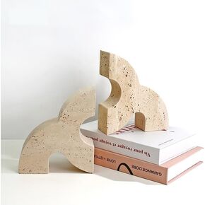 Luxury Natural Travertine Bookends for Shelves,Prevent Your Movies, CDS, Games, Books from Sliding and Decorate Your Bookshelves