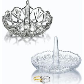 H&D HYALINE & DORA Clear Crystal Ring Holder and Crystal Ring Holder Dish, Clear Glass Ring Holder for Jewelry, Round Ring Holder Tray for Rings Earrings Necklace Organizer