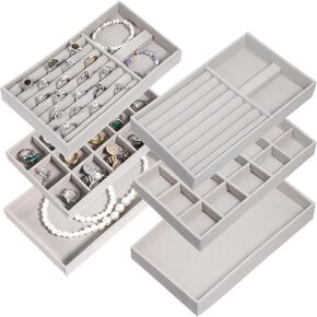 Jewelry Organizer Drawer, Jewelry Trays Organizer for Drawers,Display Case Storage Containers, Jewelry Storage for Earring Ring Necklace Bracelet Watch with Removable Divider, Grey, Set of 6