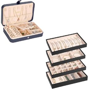 LANDICI 2 Pack Small Jewelry Box & Stackable Jewelry Trays, Jewelry Holder Organizer Jewellery Display Case Box for Earring Necklace Rings Bracelet