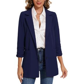 MINTLIMIT Women's Casual Long Blazer 3/4 Ruched Sleeve Lapel Button Front Work Office Blazers Suit Jacket with Pockets