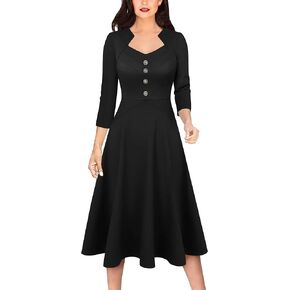 VFSHOW Womens Vintage Retro Square Neck Work Business Office Fit and Flare Mid-Calf A-Line Dress