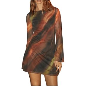 Women's Vintage Tie Dye Bell Long Sleeve Dress Backless Tie Open Back Mesh Bodycon Mini Dresses
