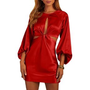 BEAGIMEG Women's Sexy Balloon Long Sleeve Satin Cut Out Club Party Mini Dress