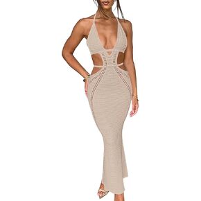Women's Elegant Bodycon Crochet Dress Halter Tie Back Slim Hollow Out Dress Wedding Party Evening Long Maxi Dresses
