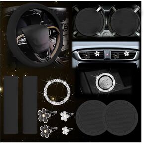 10PCS Car Accessories Set, Vehicle Steering Wheel Cover Seatbelt Protector Cup Holder Coaster Push Start Button Cover Flower Auto Air Vent Clip, Universal for SUV, Truck, RV (Purple)