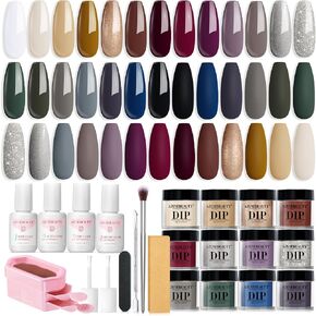 AZUREBEAUTY 31Pcs Dip Powder Nail Kit Starter, 20 Colors Purple Blue Glitter Dipping Powder Recycling Tray Essential Liquid Set with Base Top Coat Activator for French Dip Nails Art Manicure Set Beginner DIY Salon Women Gift in Kuwait