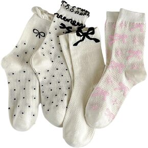 SHENHE Women's 4 Pairs Polka Dots Frilly Socks Lettuce Trim Kawaii Cute Bow Crew Socks