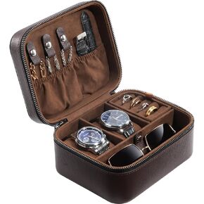 ProCase Travel Watch Case, 3 Slots Leather Mens Jewelry Box, Portable Watches Cufflinks Accessories Storage Case, Zippered Carrying Organizer Bag for Man -Black