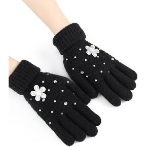 Formery Winter Knitted Sparkly Gloves Black Rhinestone Full Finger Gloves Pearls Flower Touchscreen Winter Warm Gloves for Women and Girls