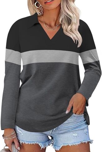VISLILY Womens-Plus-Size-Tops Casual Collared V Neck Polo Shirts Flowy Long Sleeve Tunics Trendy Work Blouses XL-5XL in Kuwait