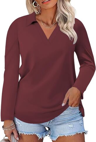 VISLILY Womens-Plus-Size-Tops Casual Collared V Neck Polo Shirts Flowy Long Sleeve Tunics Trendy Work Blouses XL-5XL in Kuwait