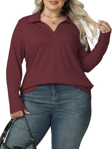 VISLILY Womens-Plus-Size-Tops Casual Collared V Neck Polo Shirts Flowy Long Sleeve Tunics Trendy Work Blouses XL-5XL in Kuwait