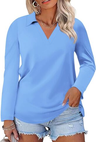 VISLILY Womens-Plus-Size-Tops Casual Collared V Neck Polo Shirts Flowy Long Sleeve Tunics Trendy Work Blouses XL-5XL in Kuwait