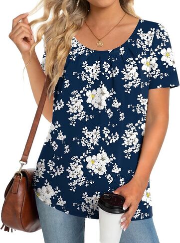 Zeagoo Women's Summer Tunic Tops Short Sleeve Floral Boho Casual T Shirts Pleated Crewneck Flowy Relax Fit Soft Blouses in Saudi Arabia