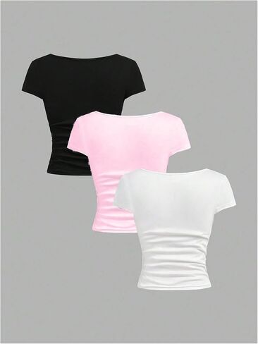 SOLY HUX Girl's Short Sleeve T Shirts 3 Piece Basic Scoop Neck Tees Slim Fit Casual Summer Tops in Kuwait