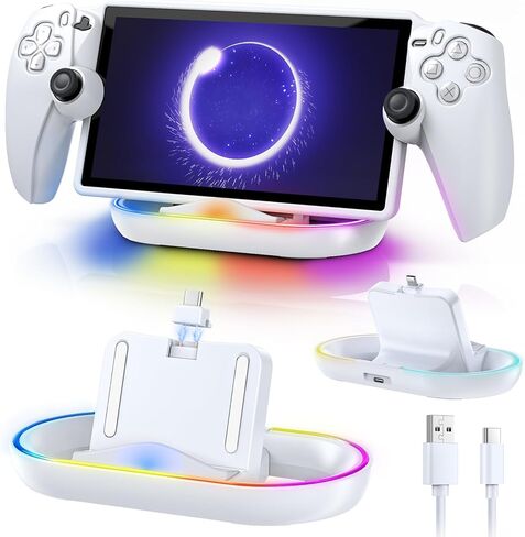 محطة شحن لبوابة PlayStation - صديقة للحافظة، قاعدة شحن مع حامل شاحن خفيف RBG وكابل USB من النوع C، منفذ مغناطيسي من النوع C لشحن بوابة PS5 Ps مع حافظة (أسود) in Kuwait