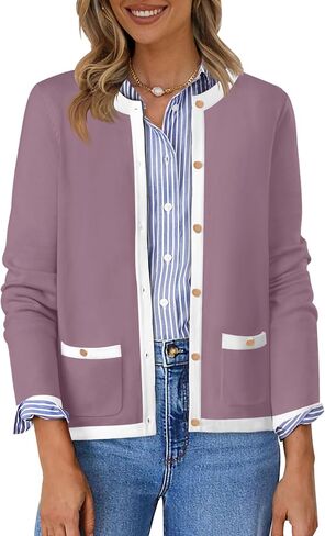 HAEOF Womens 2024 Fall Long Sleeve Button Up Cardigan Sweaters Crewneck Soft Lightweight Dressy Trendy Outwear with Pockets in Saudi Arabia