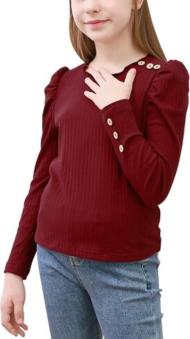 GORLYA بنات منتفخ كم طويل قمصان عادية زر الخس مضلع متماسكة بلوزة المحملة القمم 8-16Y in Kuwait